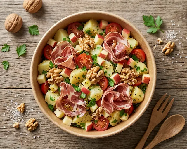 Salade fraîcheur pommes de terre, jambon cru et noix