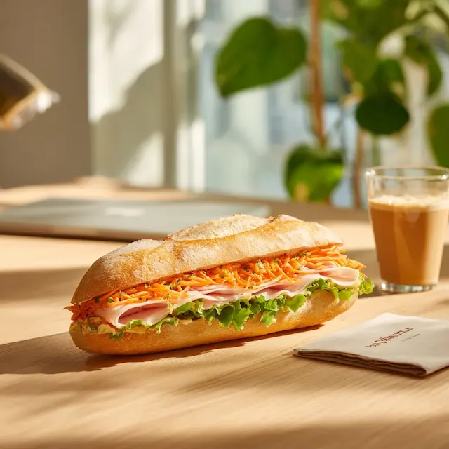 Sandwich baguette jambon, carottes et salade